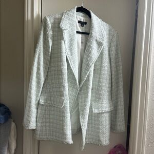 Ann Taylor Elegant Tweed Blazer in Soft sage green and white with fringe.